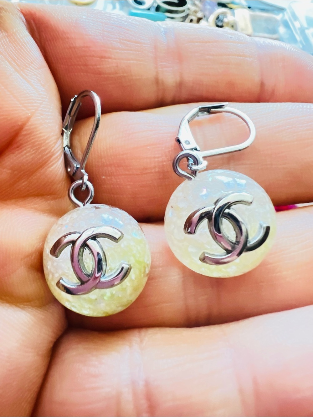 Fashion upcycled Iridescent Opal Ball Drop Earrings - Silver Dangle
